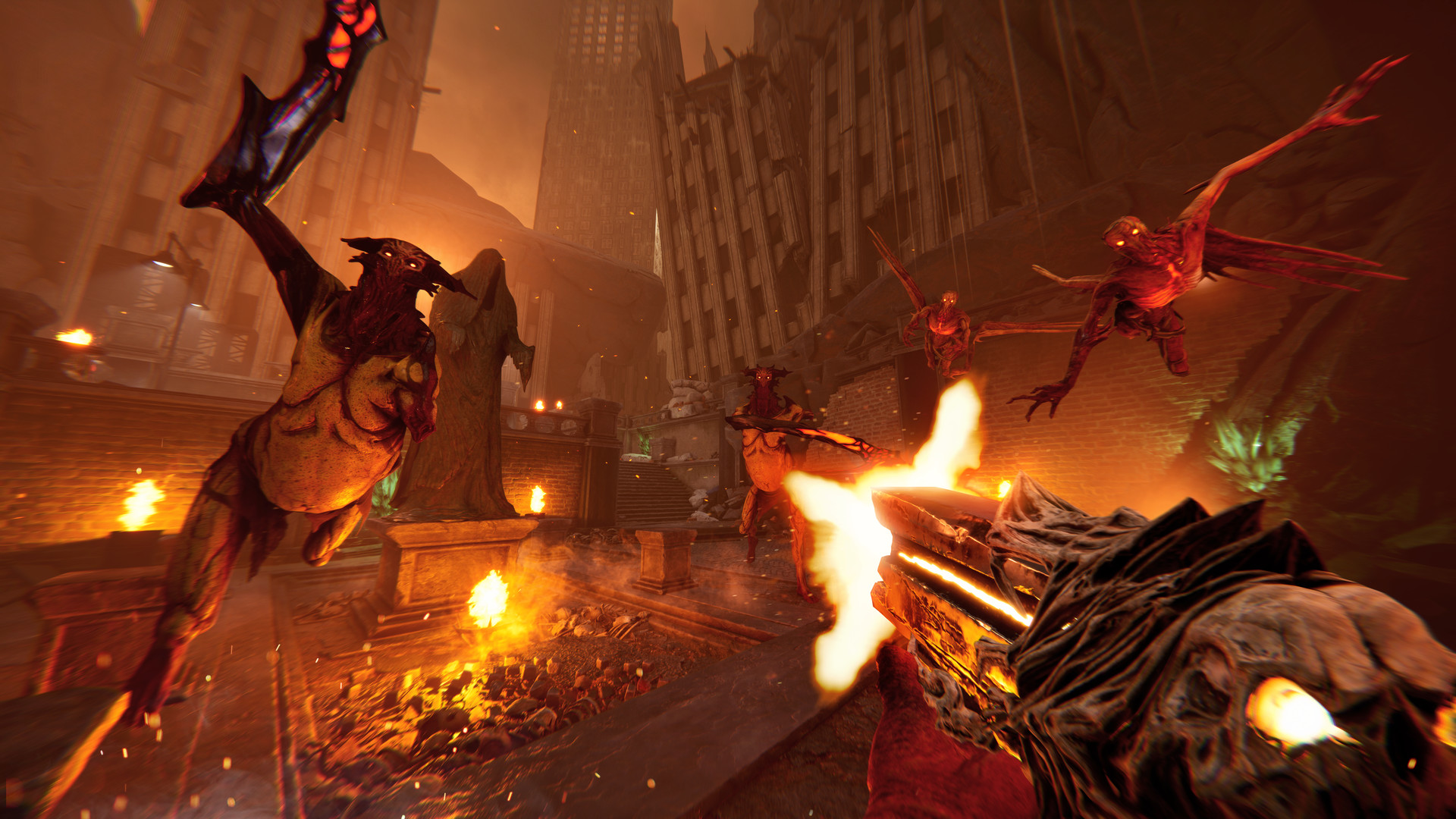 Metal Hellsinger gameplay shooting at demons.