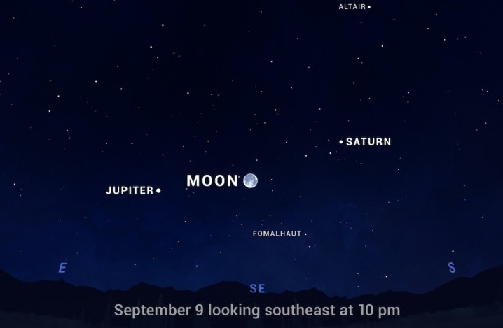 The moon, Jupiter, and Saturn in the night sky in September 2022.