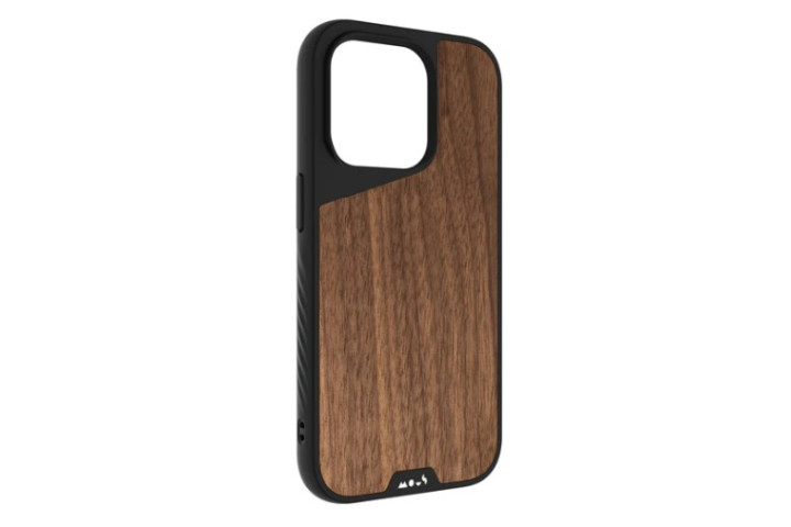 Mous Limitless 5.0 Magsafe Compatible Case in Walnut for the iPhone 14, showing off the dark wood grain.