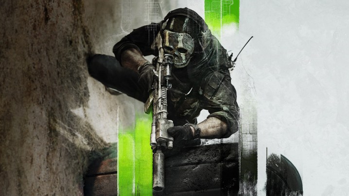 Simon "Ghost" Riley segurando uma arma e apontando para a arte promocional de Modern Warfare II.