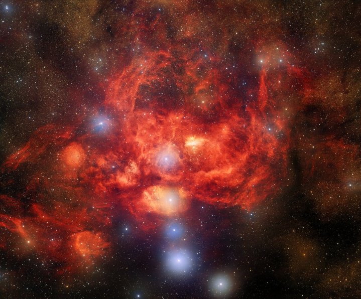 Esta imagen, tomada por astrónomos utilizando la Cámara de Energía Oscura fabricada por el Departamento de Energía de EE.UU. en el Telescopio de 4 metros Víctor M. Blanco en el Observatorio Interamericano de Cerro Tololo, un programa de NOIRLab de NSF, captura la nebulosa de formación estelar NGC 6357, que se encuentra a 8.000 años luz de distancia en dirección a la constelación de Escorpio. Esta imagen revela estrellas jóvenes y brillantes rodeadas de nubes ondulantes de polvo y gas dentro de NGC 6357, que también se conoce como la Nebulosa de la Langosta.