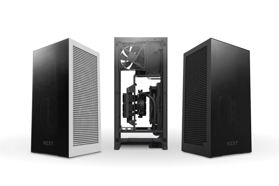 O gabinete mini-ITX NZXT H1 V2 em branco e preto.