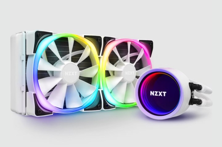The NZXT X53 AIO 240mm liquid cooler in white positioned on a gray background.