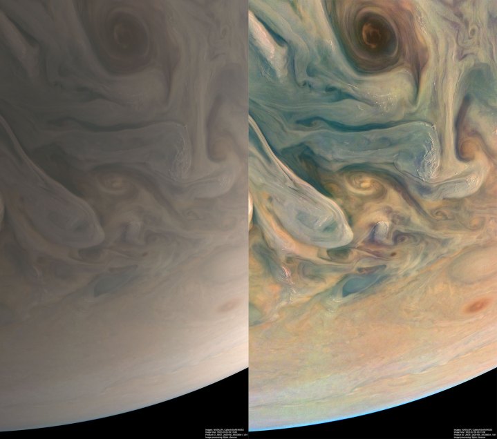 NASA’s Juno spacecraft observed the complex colors and structure of Jupiter’s clouds as it completed its 43rd close flyby of the giant planet on July 5, 2022. Citizen scientist Björn Jónsson created these two images using raw data from the JunoCam instrument aboard the spacecraft. At the time the raw image was taken, Juno was about 3,300 miles (5,300 kilometers) above Jupiter’s cloud tops, at a latitude of about 50 degrees. North is up. At that moment, the spacecraft was traveling at about 130,000 mph (209,000 kilometers per hour) relative to the planet.