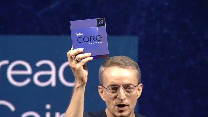 Intel's CEO holding a Raptor Lake processor.