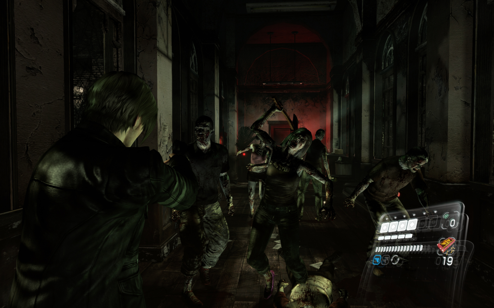 Leon S. Kennedy shoots zombies in a hallway in Resident Evil 6.
