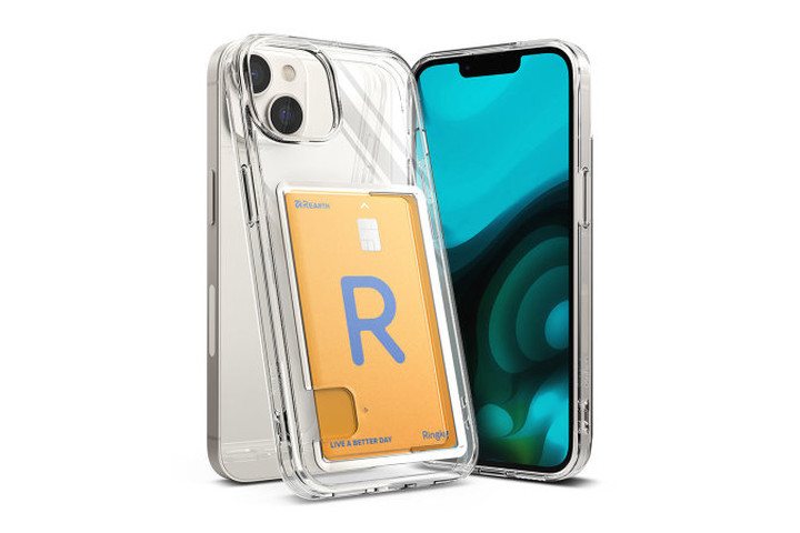 Ringke's Fusion Clear Case for the iPhone 14, showing the card slot on the rear of the case.