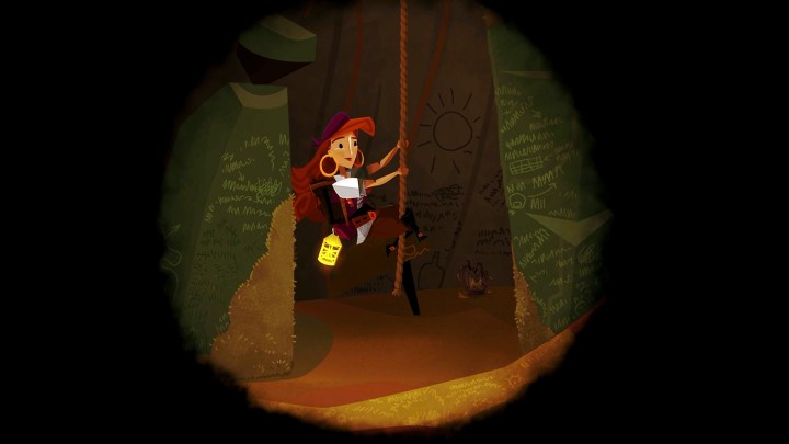 A female pirate is climbing a rope in a dimly lit pit in Return to Monkey Island.