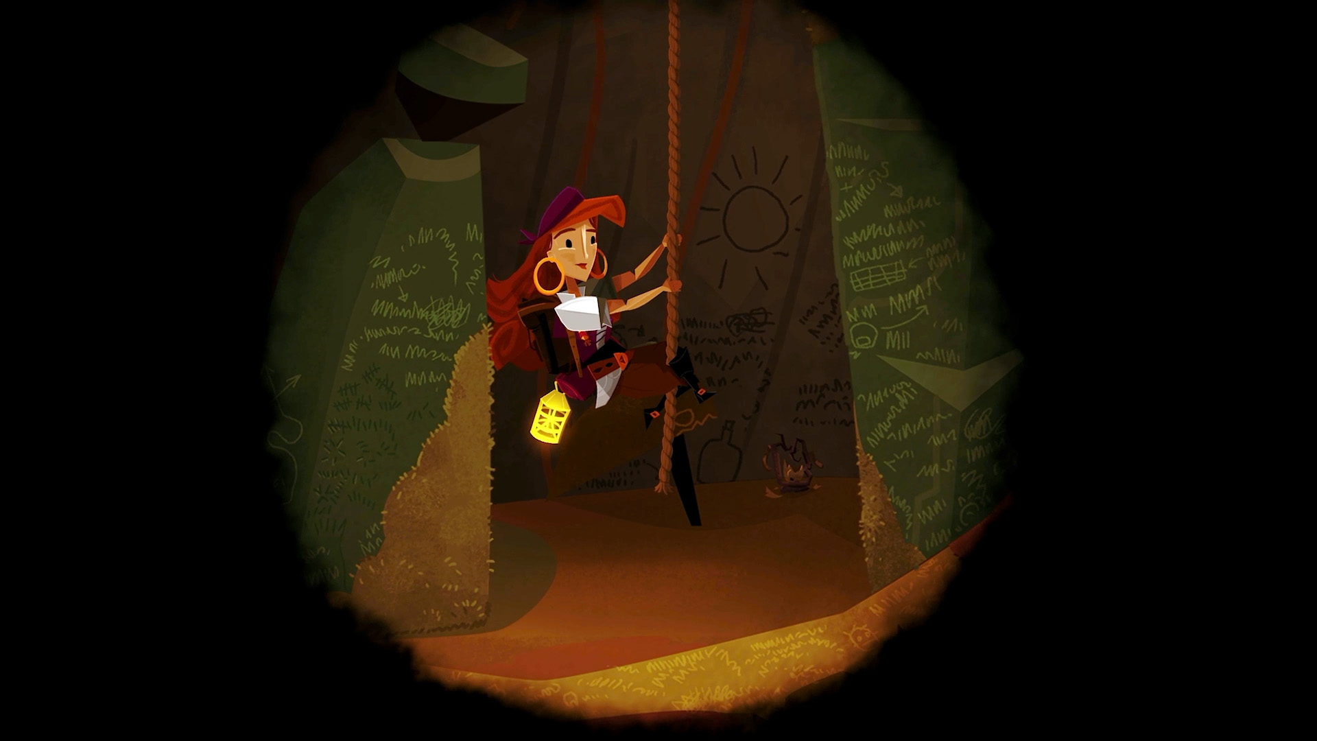 A female pirate is climbing a rope in a dimly lit pit in Return to Monkey Island.