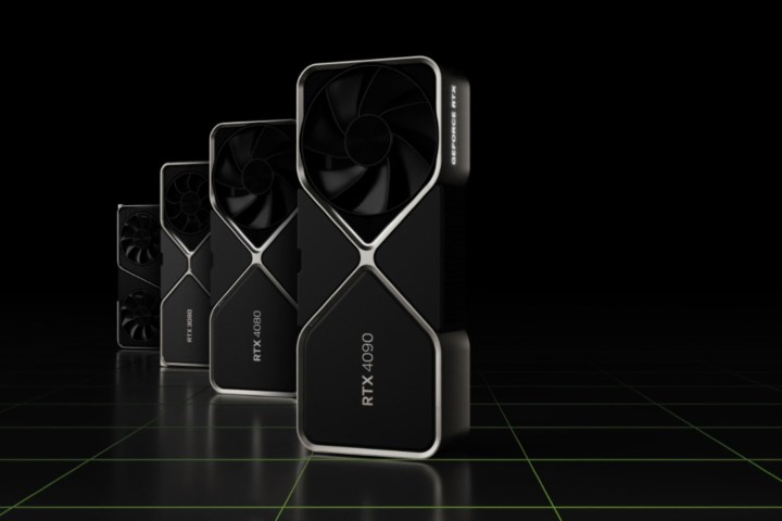 Quattro schede grafiche della serie RTX 40 su sfondo nero.