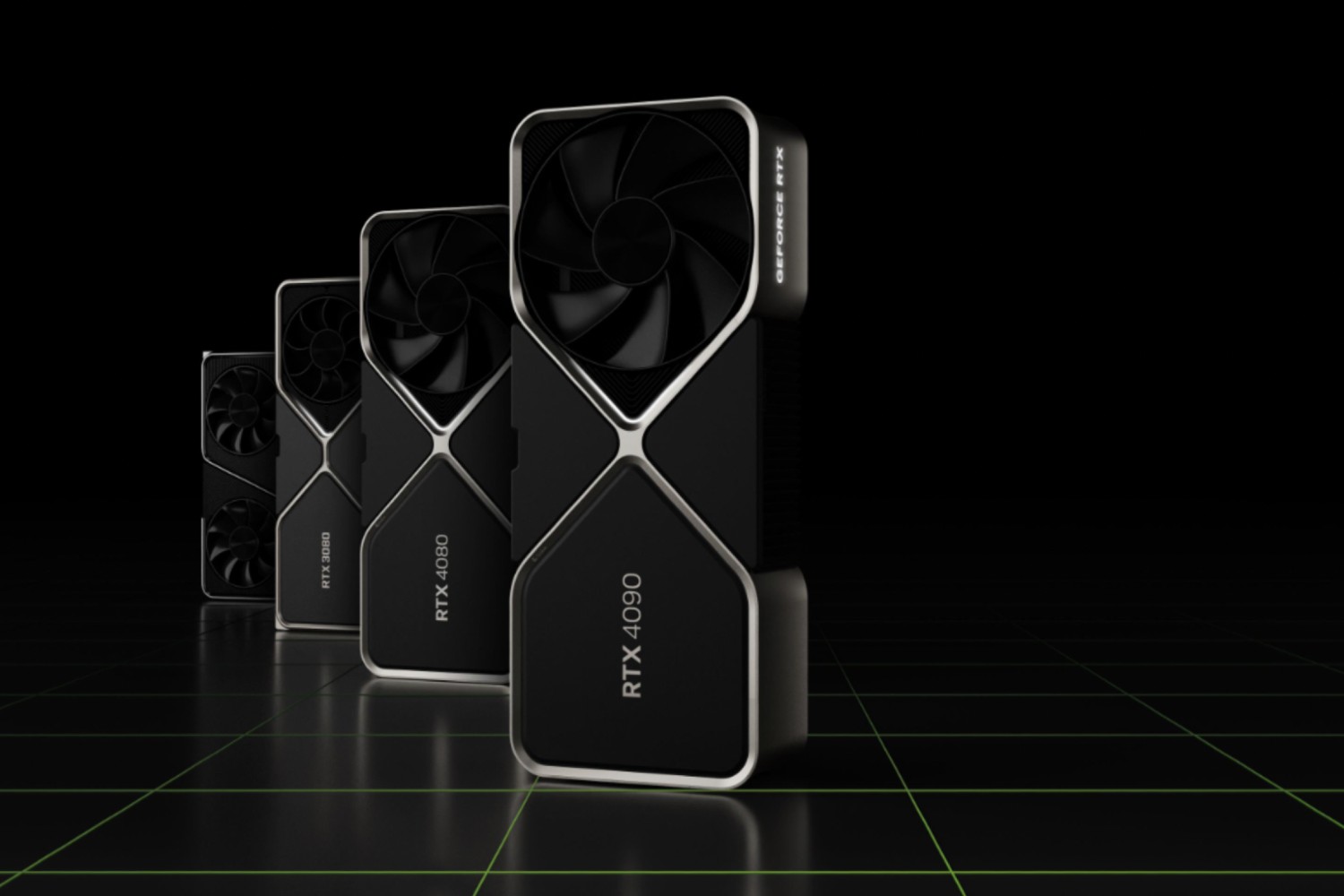 काली पृष्ठभूमि पर चार RTX 40-श्रृंखला ग्राफिक्स कार्ड।