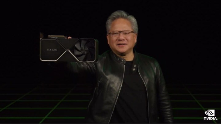 Nvidia CEO Jensen Huang with the RTX 4090 graphics card.