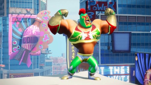 Rumbleverse luchador posing infront of a city.