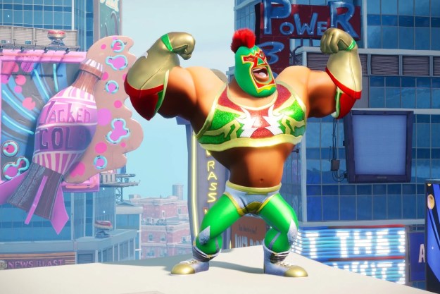 Rumbleverse luchador posing infront of a city.