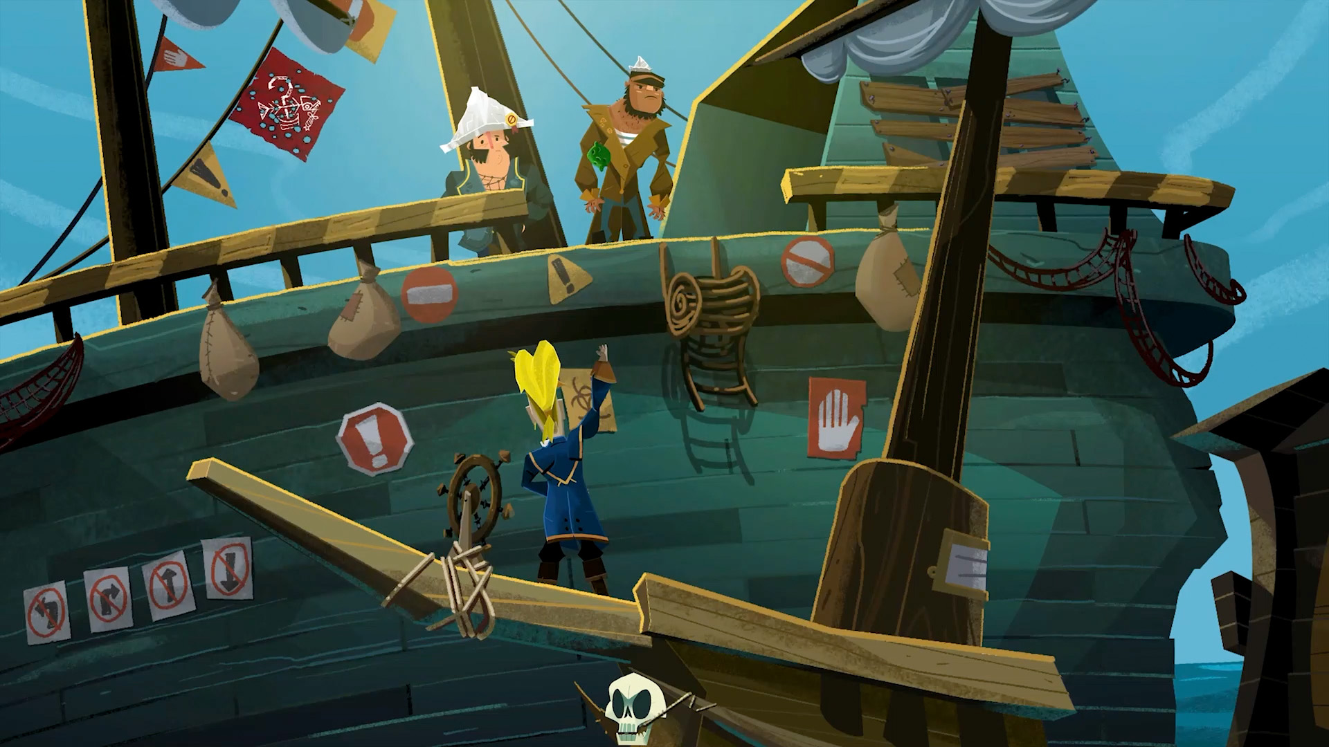 Ein blonder Pirat streckt seine Hand in Return to Monkey Island an der Seite eines Schiffes hoch