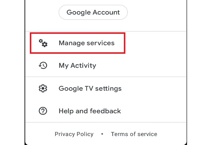 Your services setting on Google TV.