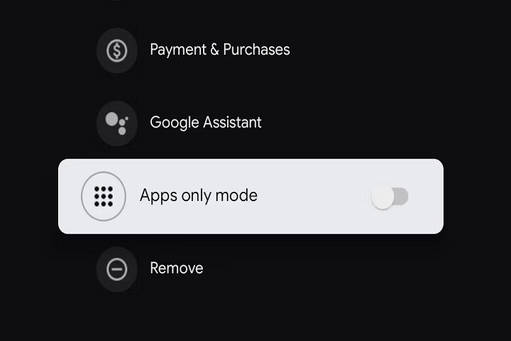 Apps-only mode on Google TV.