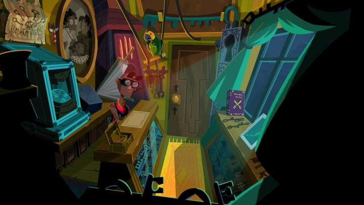 A shopkeep looks over his collection of keys in Return to Monkey Island.