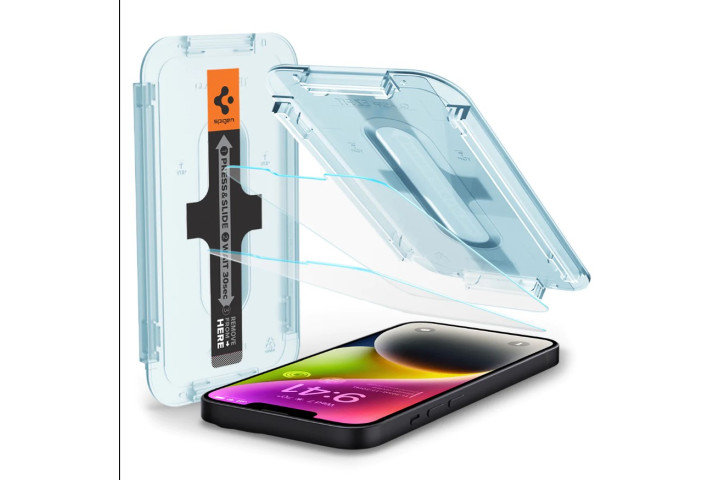 spigen ez fit glas.tr screen protector for the iphone 14, showing the easy installation tray and retail packaging.