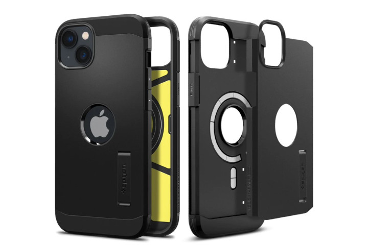 Spigen Tough Armor MagFit Case for the iPhone 14, showing the front, rear, and side views of the case.