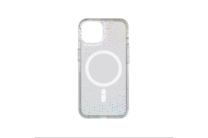 Tech21 Evo Sparkle MagSafe Case for iPhone 14 in clear with colorful sparkles. 