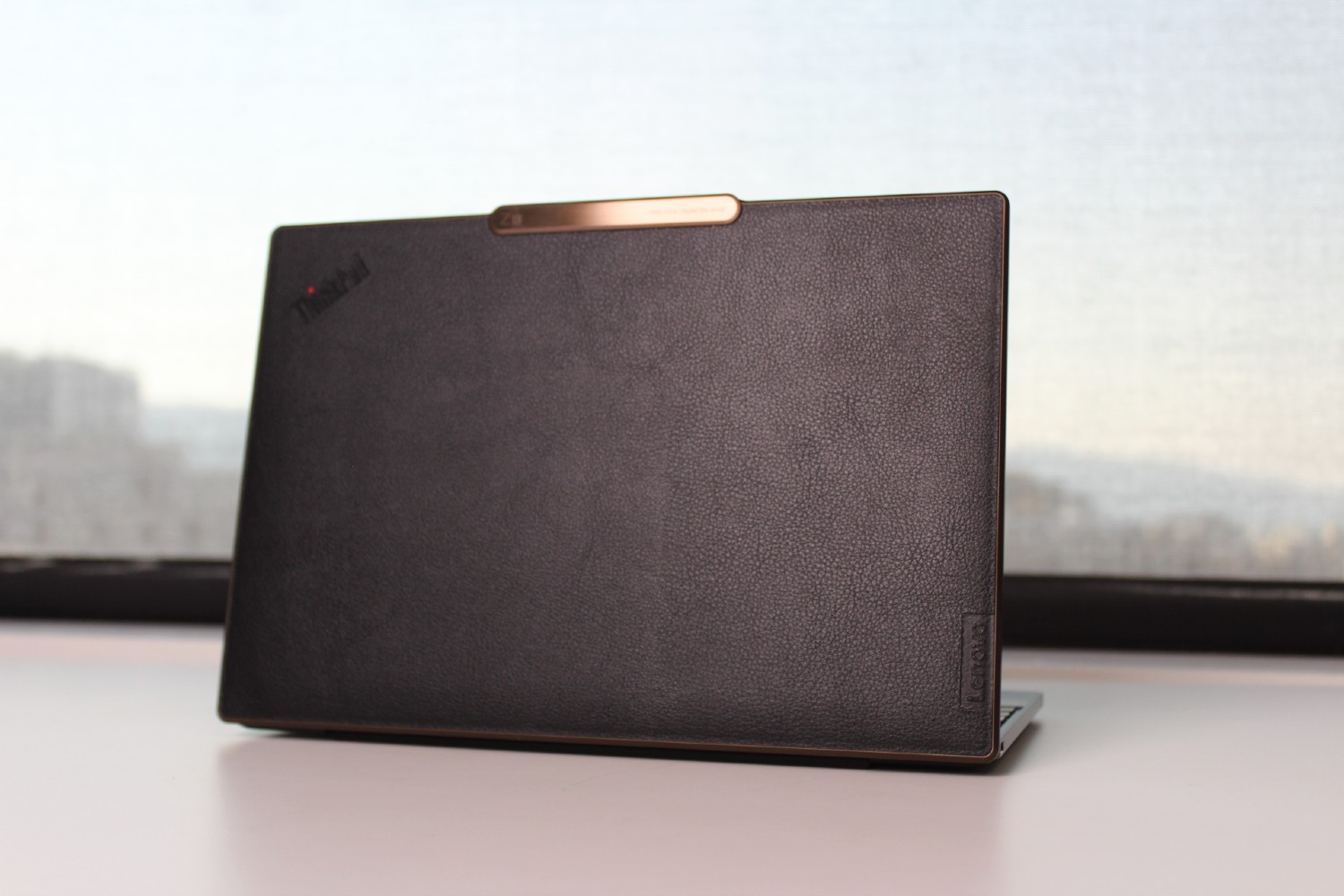 The faux-leather lid of the ThinkPad Z13.