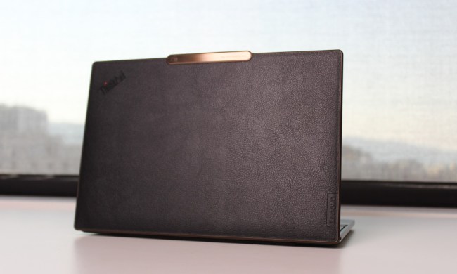 The faux-leather lid of the ThinkPad Z13.