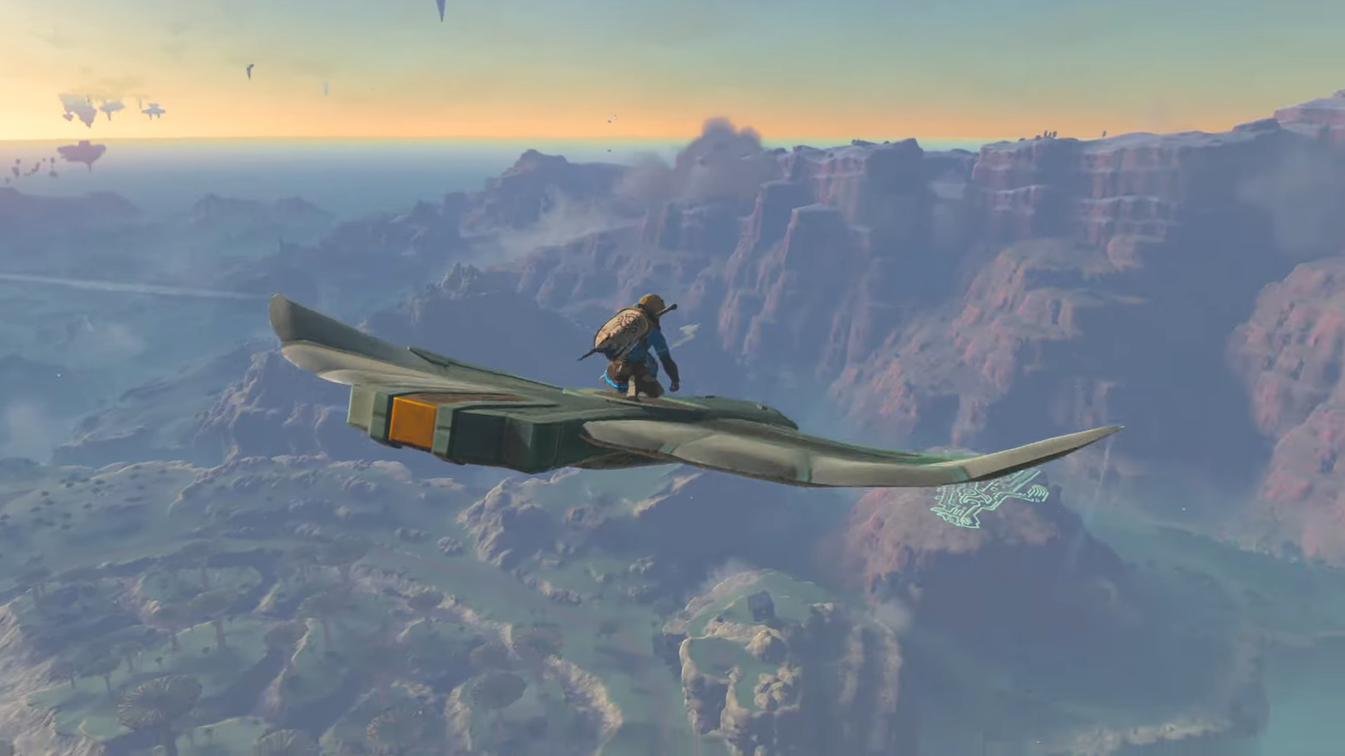 Link voando pelo ar em The Legend of Zelda: Tears of the Kingdom.