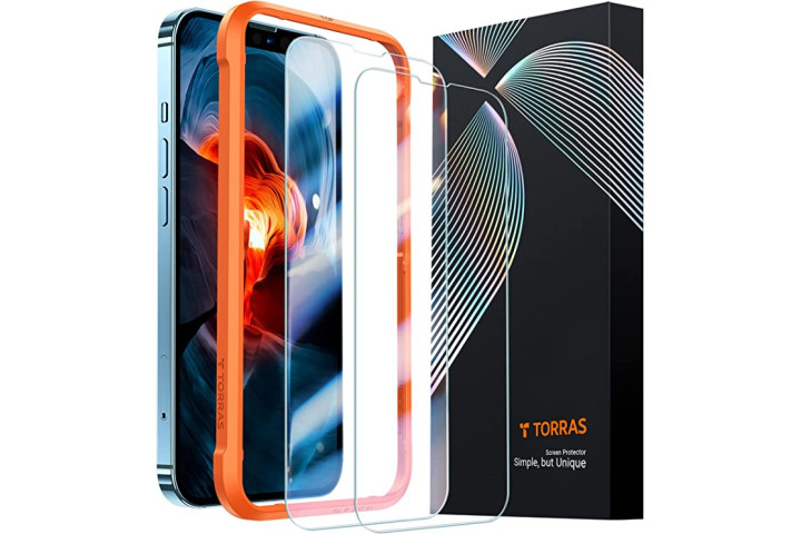 torras glass screen protector for iphone 14, showing the screen protector alongside the phone and retail packaging.