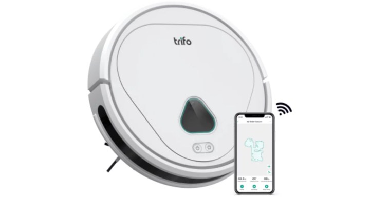 Trifo Maxwell robot vacuum stands next to a smartphone on a white background.