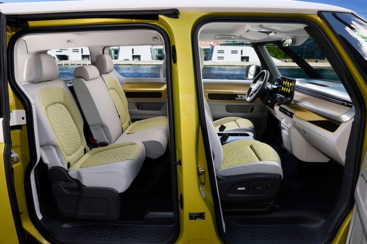 Volkwagen's ID. Buzz has a sliding side door and three seats across the second row.