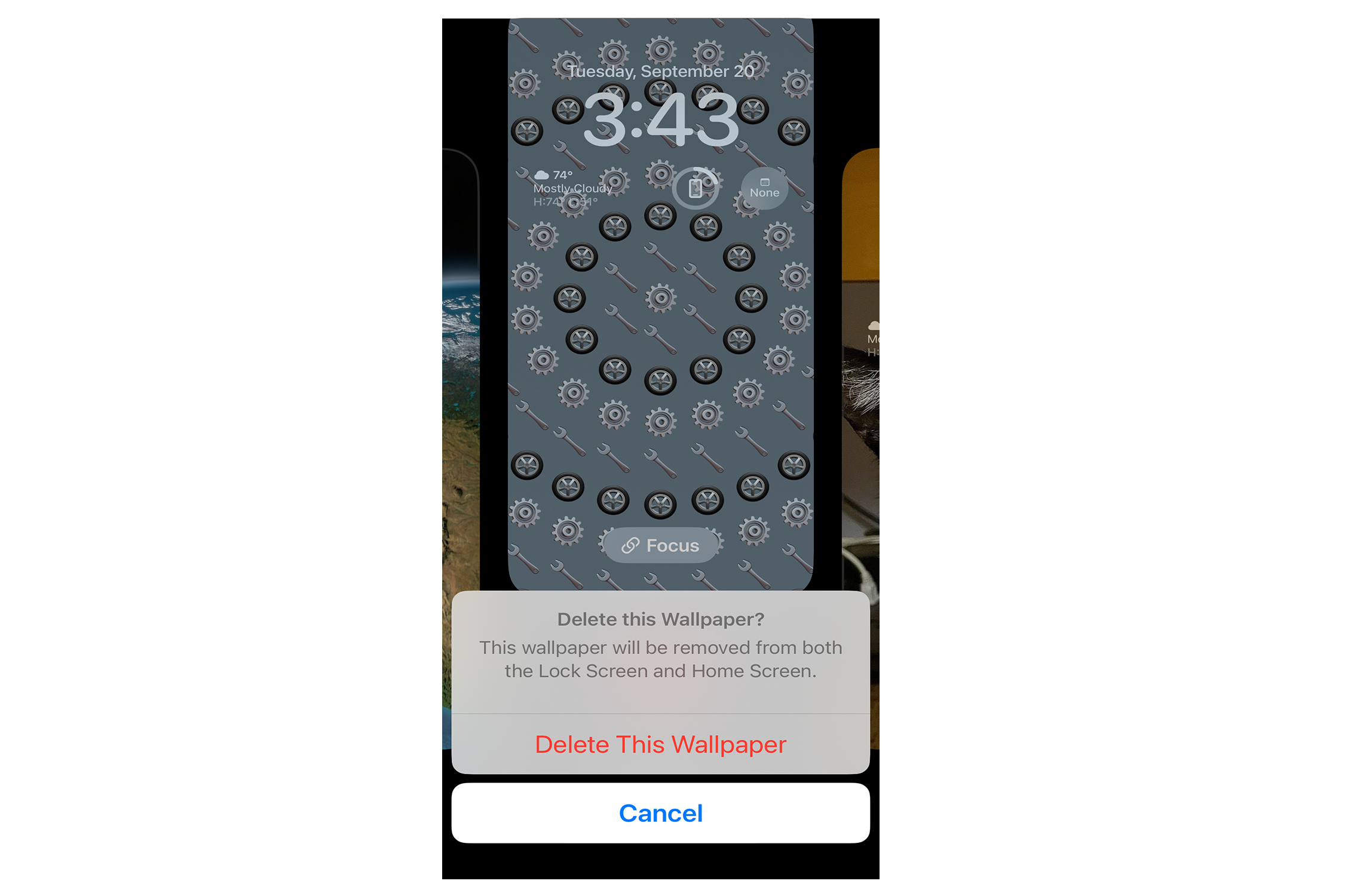 Fondo de pantalla de Apple seleccionado para eliminar con mensaje de alerta en iOS 16.