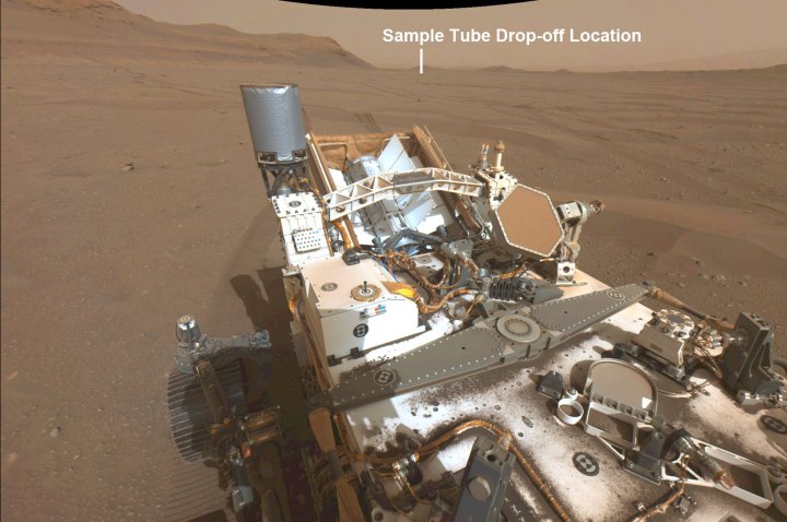 This annotated image from NASA’s Perseverance shows the location of the first sample depot – where the Mars rover will deposit a group of sample tubes for possible future return to Earth.