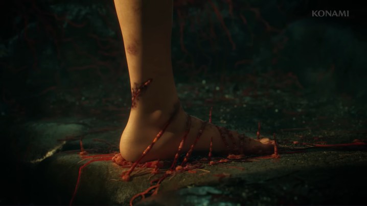 El pie de una niña atrapado en enredaderas rojas.