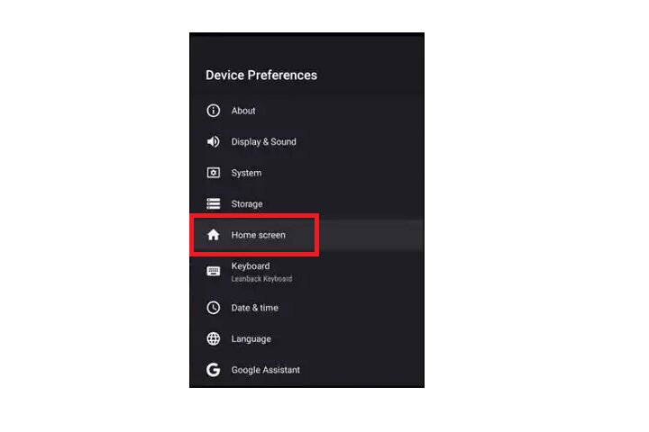 Android TV home screen settings.
