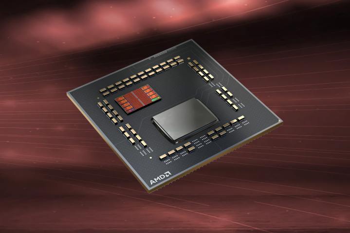 تراشه AMD 3D V-Cache روی پس زمینه مسی نشان داده شده است.
