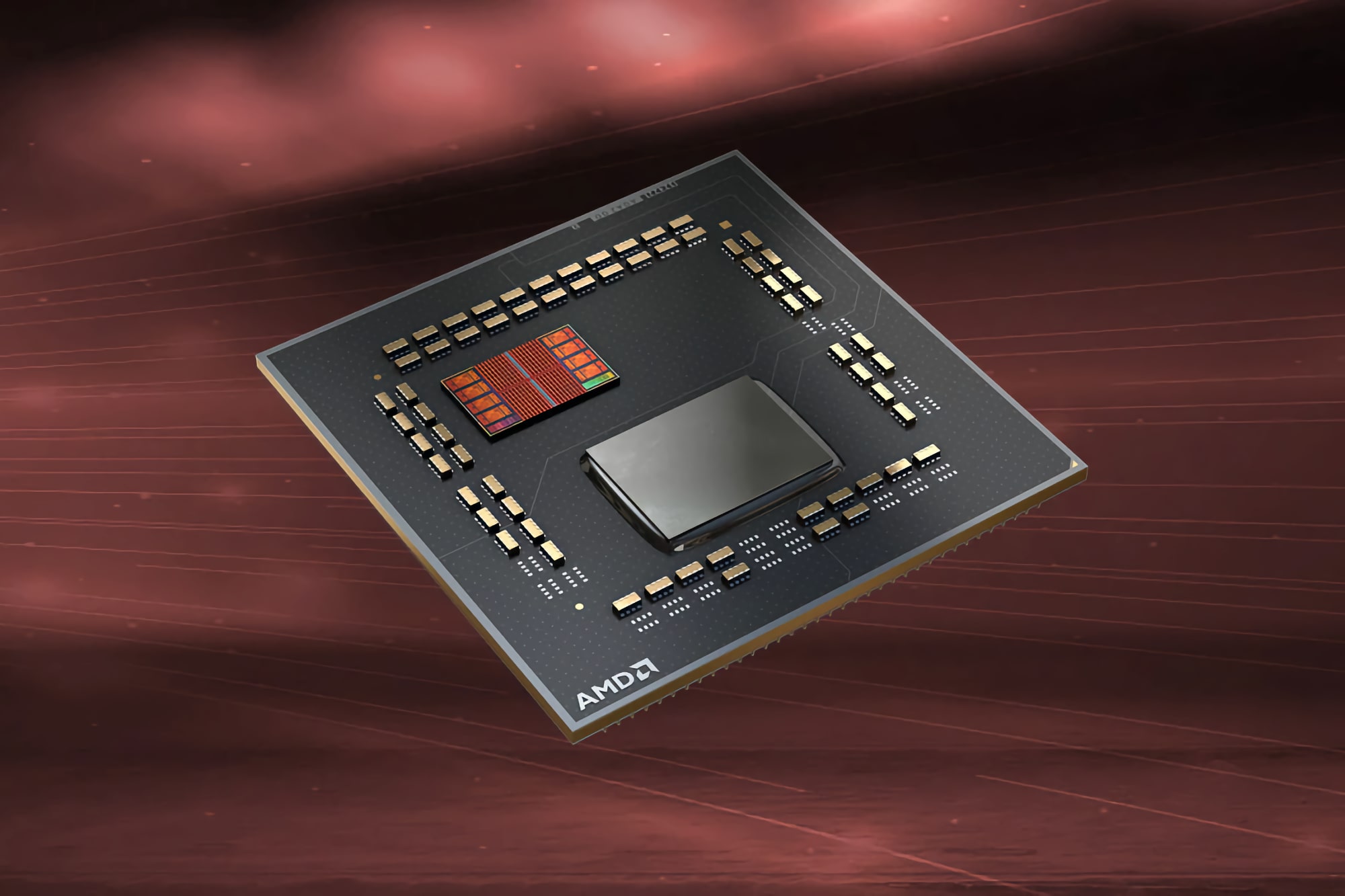 AMD 3D V-Cache chip is shown over a coppery background.