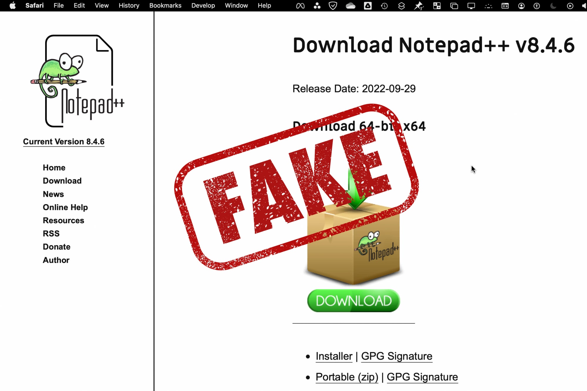 Aquí hay un ejemplo de un sitio web falso que parece real, Notepad-Plus-Plus.