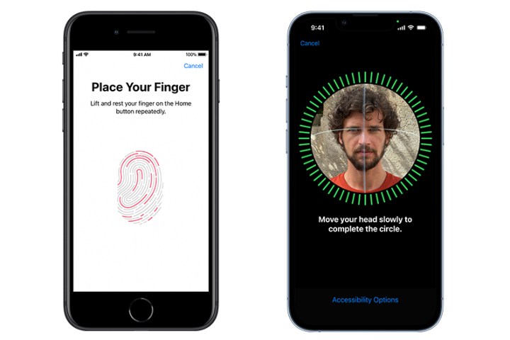 Riquadri Apple Face ID e Touch ID su due iPhone.