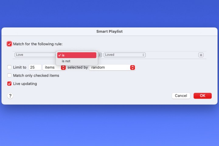 Next drop-down box for the first condition for a Smart Playlist.