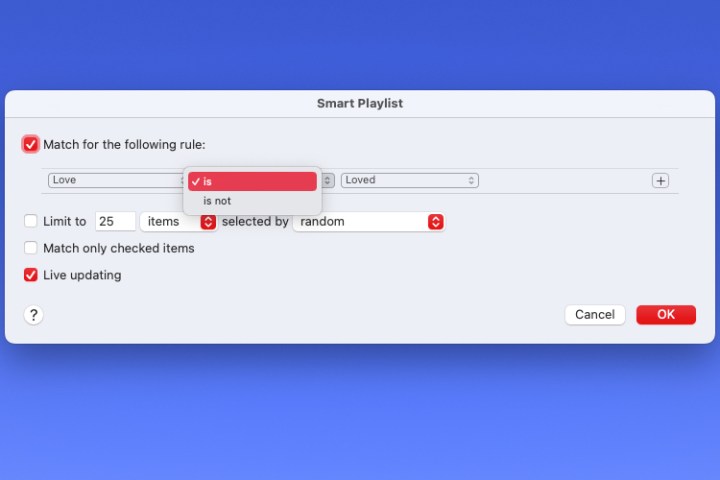 Next drop-down box for the first condition for a smart playlist.