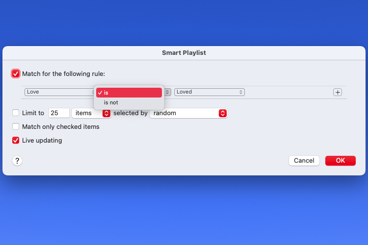 Next drop-down box for the first condition for a Smart Playlist.