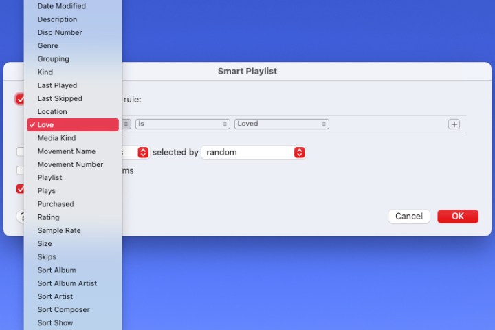 Drop-down box for the first condition for a smart playlist.