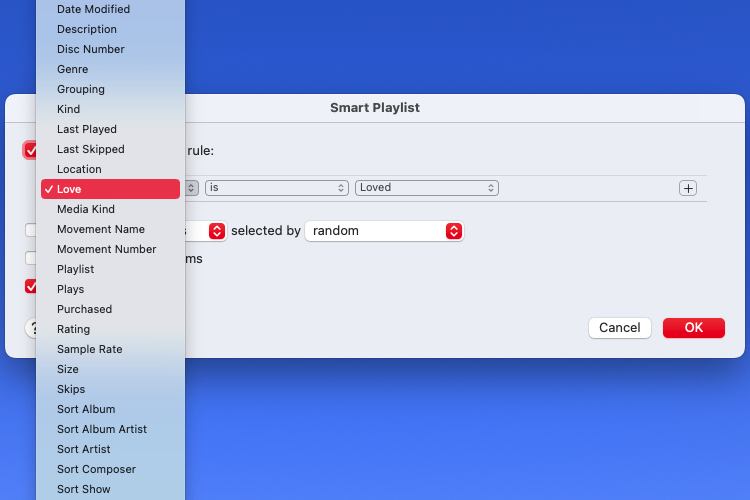 Drop-down box for the first condition for a Smart Playlist.