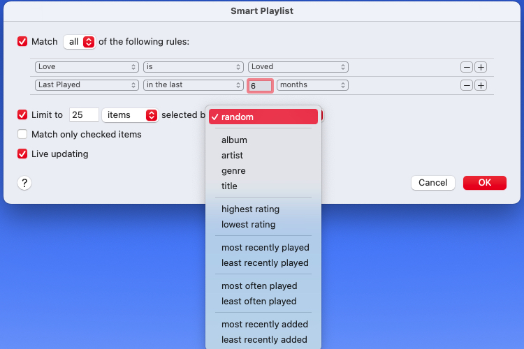 Smart Playlist limit options.