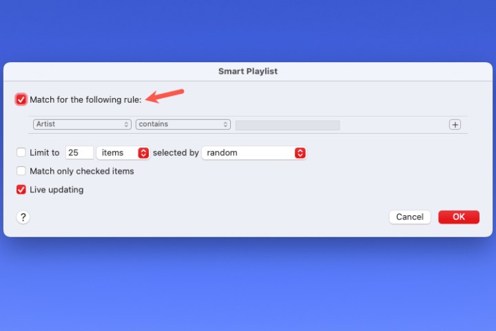 Smart playlist setup, match rule checkbox.