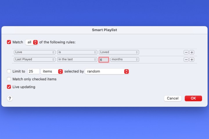 Setting up the second condition for a Smart Playlist.