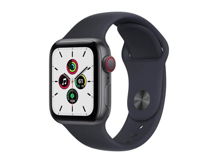 El Apple Watch SE sobre un fondo blanco.