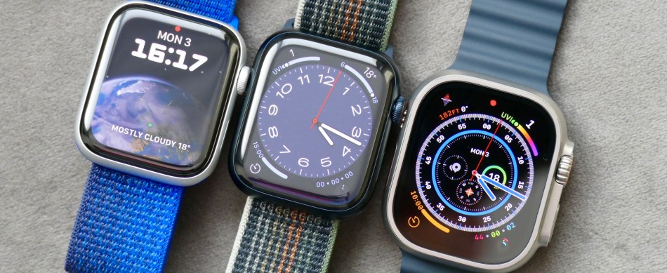 The Apple Watch Ultra with the Apple Watch Series 8 and Watch SE 2.