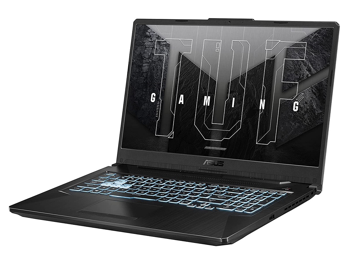 The Asus TUF F17 gaming laptop with the TUF logo on the screen.